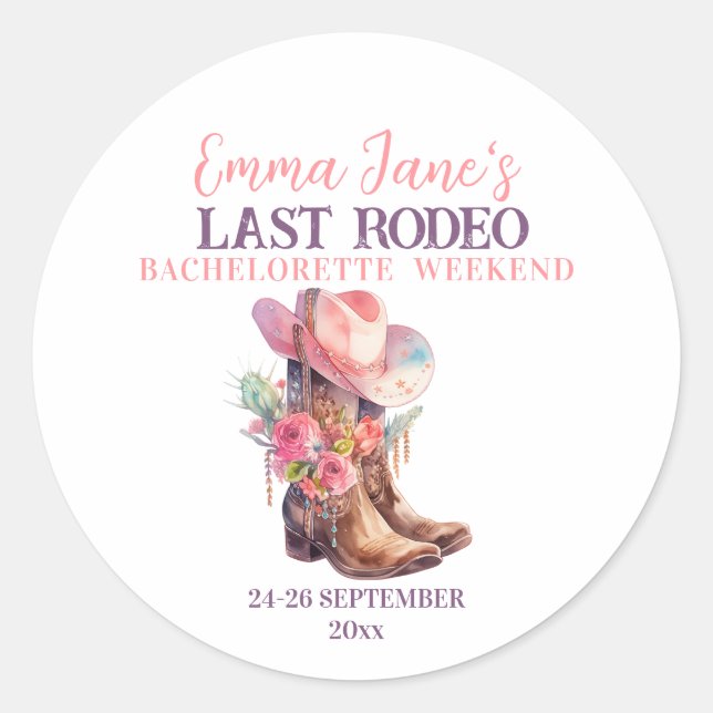 Cowgirl Last Rodeo Pink Bachelorette Classic Round Sticker (Front)