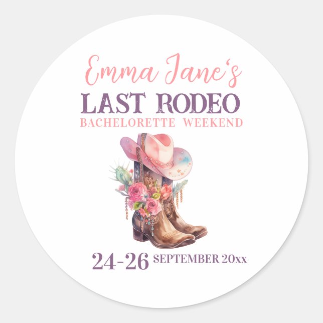 Cowgirl Last Rodeo Pink Bachelorette Classic Round Sticker (Front)