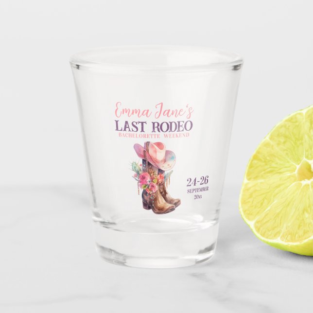 Cowgirl Last Rodeo Pink Bachelorette Shot Glass (Front)