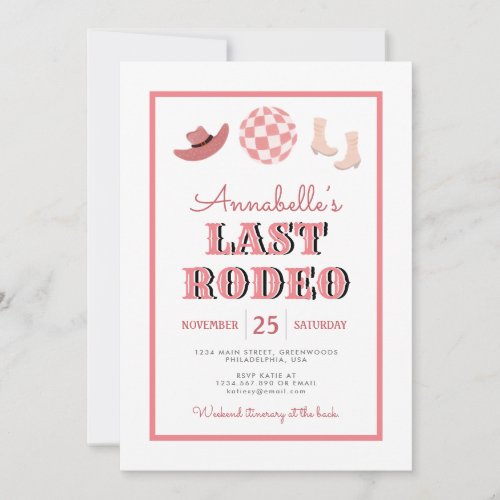 Cowgirl Last Rodeo Pink Disco Bachelorette Weekend Invitation