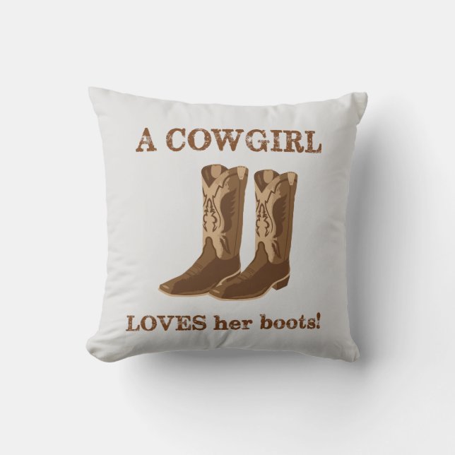 Cowgirl Loves Her Boots Words Brown Western Throw Pillow (Front)