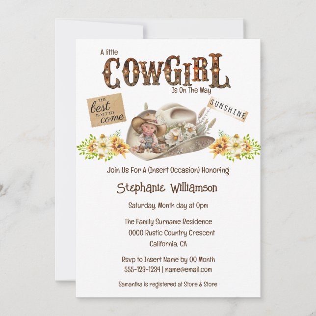 Cowgirl marquee western cowboy hat sunflowers invitation (Front)