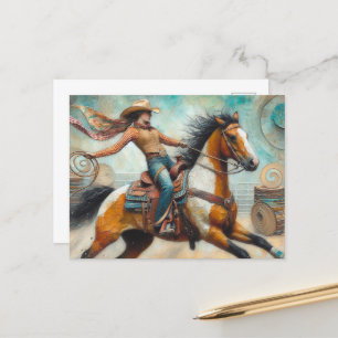 Cowgirl on a Pinto Horse Postcard