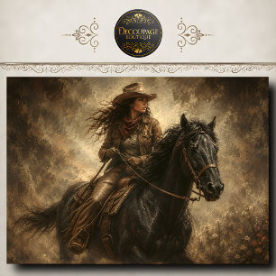 Cowgirl on Black Horse Western Portrait Artwork Tissue Paper