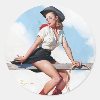 Cowgirl On Fence Pin Up Classic Round Sticker by Vintage_Art_Boutique at Zazzle