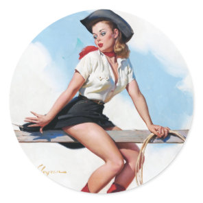 Cowgirl on Fence Pin Up Classic Round Sticker