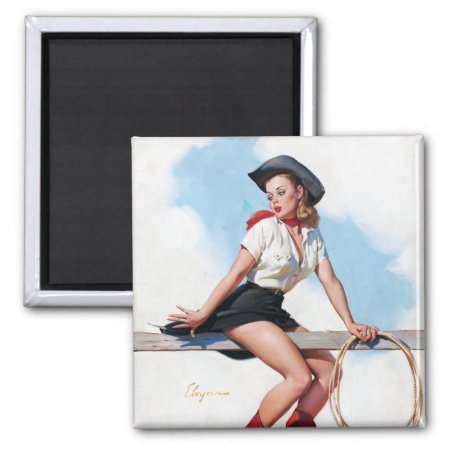 Cowgirl On Fence Pin Up Magnet