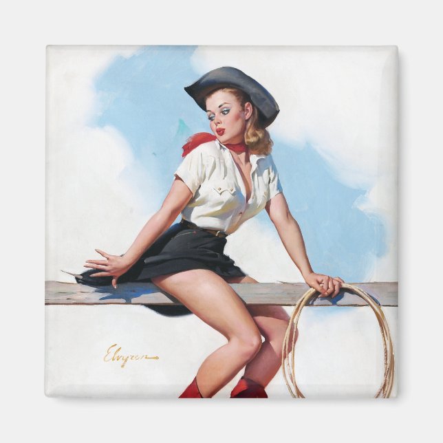 Cowgirl on Fence Pin Up Magnet (Front)