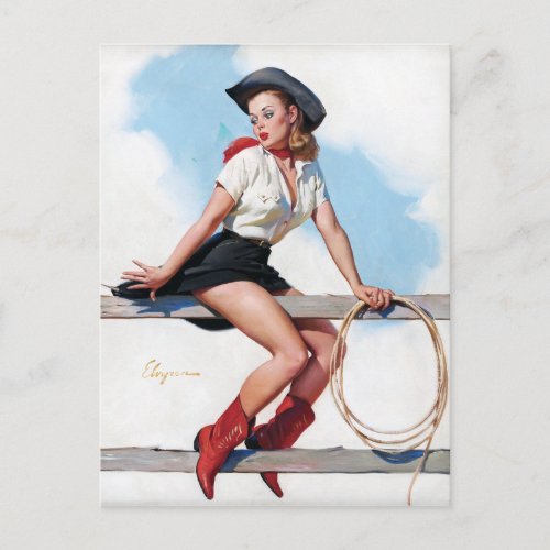 Cowgirl on Fence Pin Up Postcard