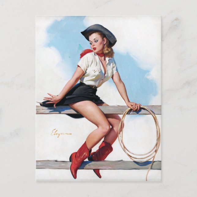 Cowgirl on Fence Pin Up Postcard (Front)