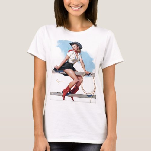 Cowgirl on Fence Pin Up T_Shirt