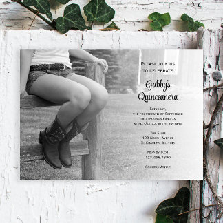 Cowgirl on Fence Western Barn Party Quinceañera Invitation