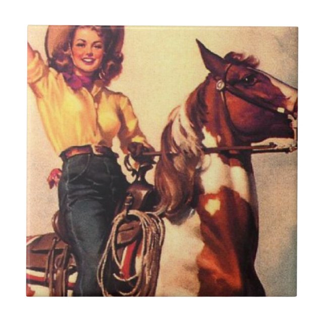 Cowgirl on Her Horse Ceramic Tile (Front)