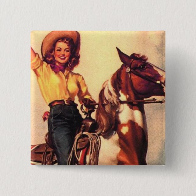 Cowgirl on Her Horse Pinback Button (Front)