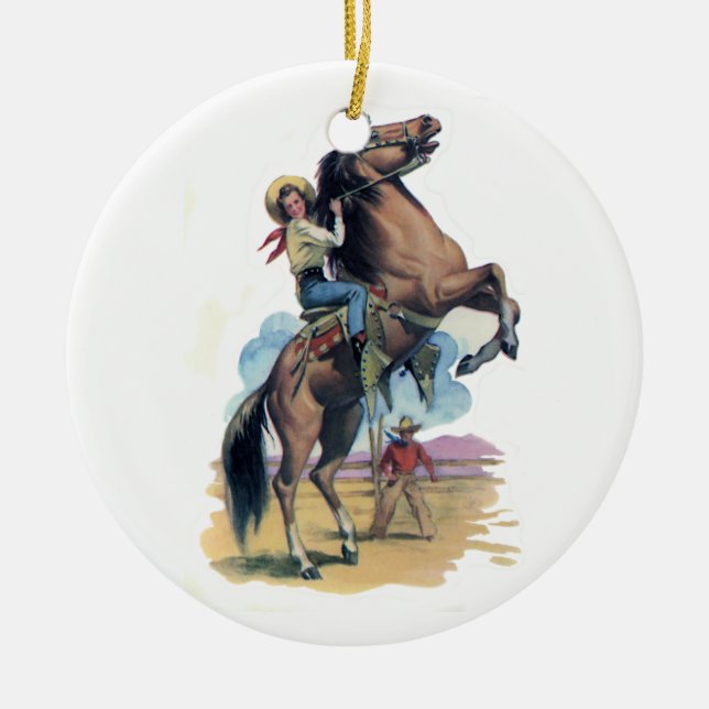 Cowgirl on Horse Ceramic Ornament (Front)