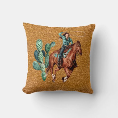 Cowgirl on Horse leather look Throw Pillow