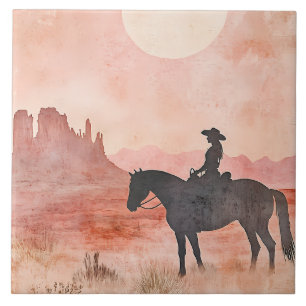 Cowgirl on Horse Southwestern Sunset Scene Ceramic Tile