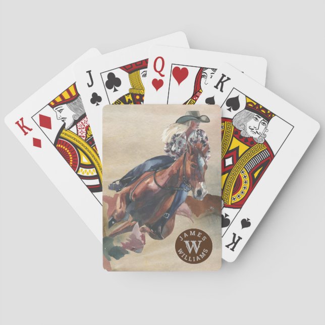 Cowgirl on Horseback Monogram Name Western Poker Cards (Back)