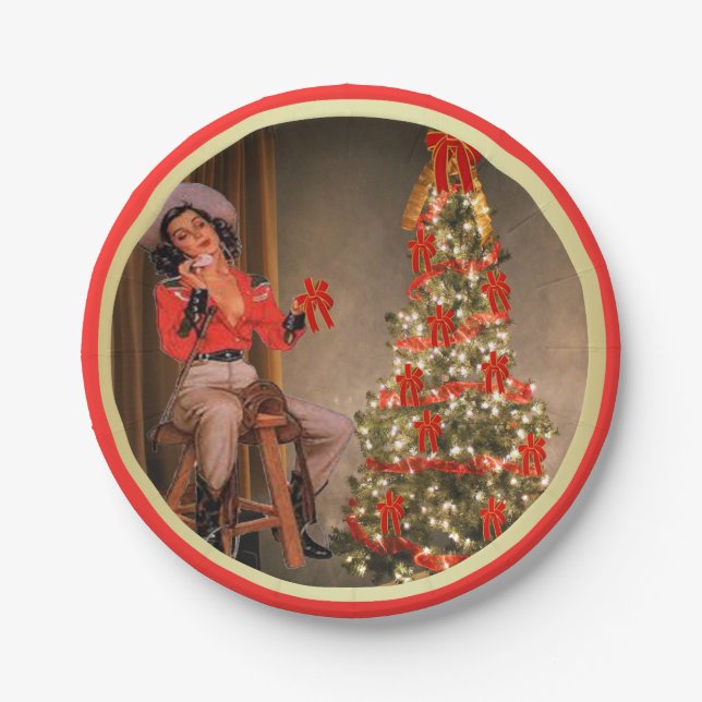 Cowgirl On Saddle With Christmas Tree Gold Red Paper Plates (Front)