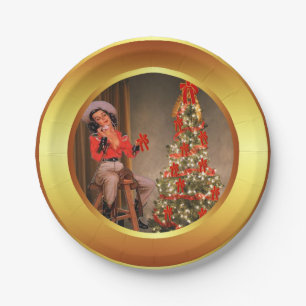 Cowgirl On Saddle With Christmas Tree Plates