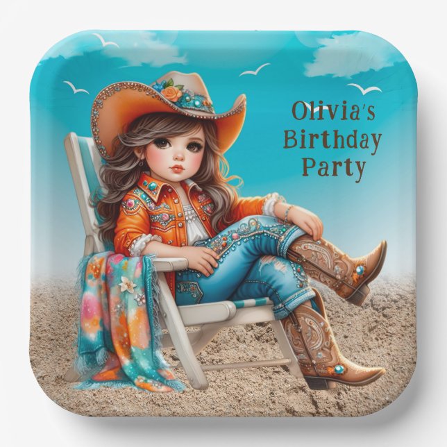 Cowgirl on the Beach Girl Birthday Party Paper Plates (Front)