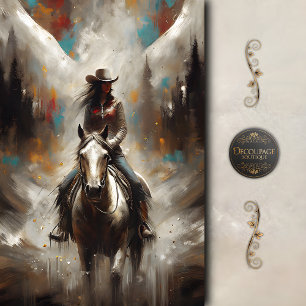 Cowgirl on White Horse Trail Decoupage Tissue Paper