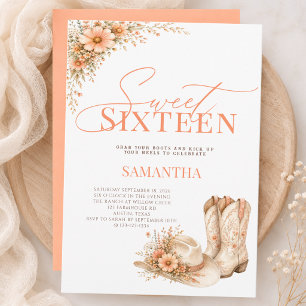Cowgirl Peach Wildflower Sweet Sixteen Birthday Invitation