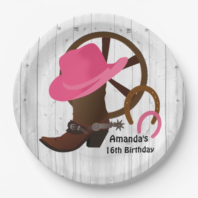 Cowgirl Personalized Birthday Party Rustic Paper Plates (Front)