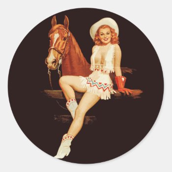 Cowgirl Pin-up                                     Classic Round Sticker by retrokdr at Zazzle