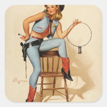 Cowgirl Pin-up Girl Square Sticker by PinUpGallery at Zazzle