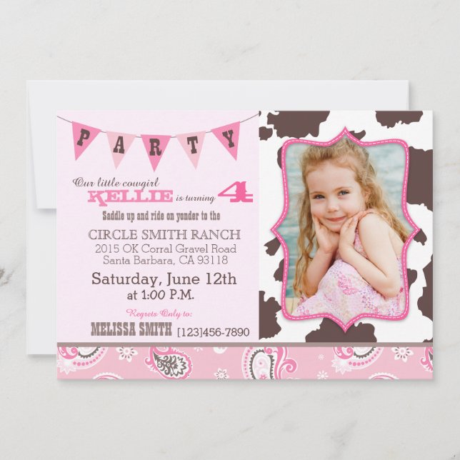Cowgirl Pink Bandanna Western Theme Birthday Invitation (Front)