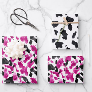 Cowgirl Pink Black White Cow Print Birthday Wrapping Paper Sheets
