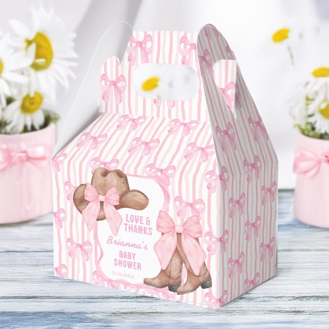 Cowgirl pink bow ribbon girls baby shower custom favor boxes (Cowgirl pink bow ribbon western girls baby shower personalized favor boxes)