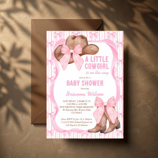 Cowgirl pink bow ribbon girls baby shower invitation