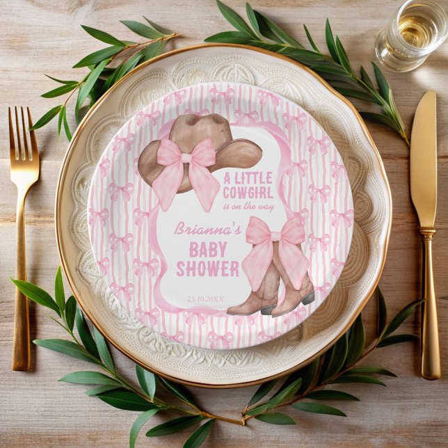 Cowgirl pink bow ribbon girls baby shower paper plates (Cowgirl pink bow ribbon coquette western girls baby shower personalized paper plates cowgirl decor)