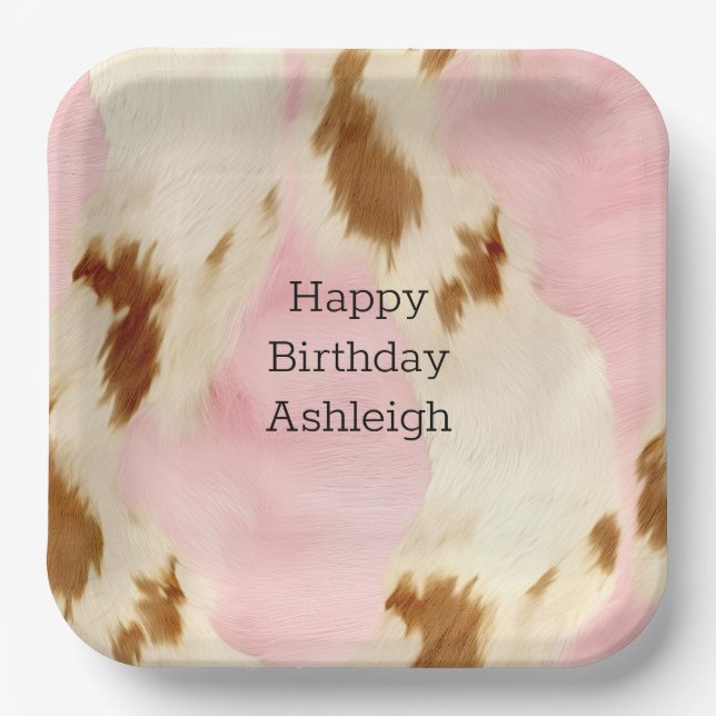 Cowgirl Pink Cream Brown Cowhide Birthday Paper Plates (Front)