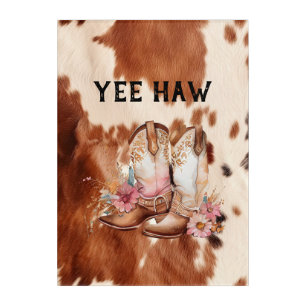 Cowgirl Pink Cream Brown Cowhide Floral Boots Acrylic Print