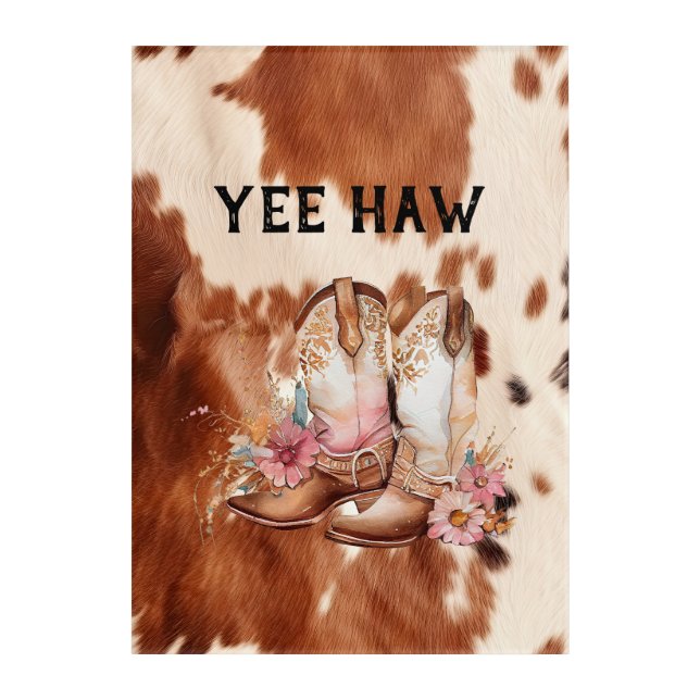 Cowgirl Pink Cream Brown Cowhide Floral Boots Acrylic Print (Front)