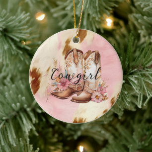 Cowgirl Pink Cream Brown Cowhide Floral Boots Ceramic Ornament