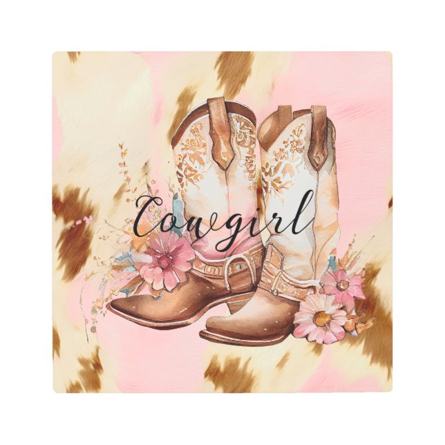 Cowgirl Pink Cream Brown Cowhide Floral Boots Metal Print (Front)