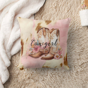 Cowgirl Pink Cream Brown Cowhide Floral Boots Throw Pillow