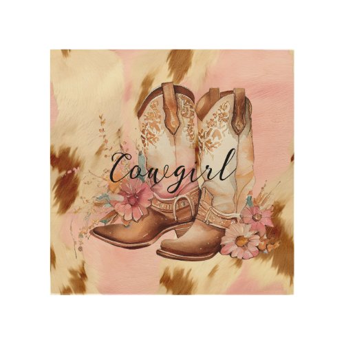 Cowgirl Pink Cream Brown Cowhide Floral Boots Wood Wall Art