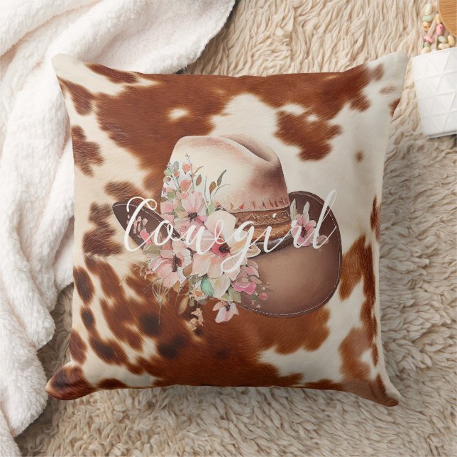 Cowgirl Pink Cream Brown Cowhide Floral Hat Throw Pillow (Blanket)