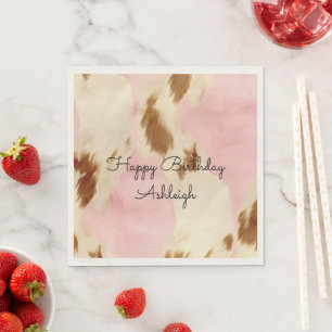 Cowgirl Pink Cream Brown Cowhide Gold Birthday Napkins