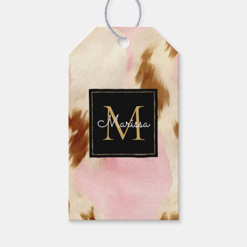 Cowgirl Pink Cream Brown Cowhide Gold Monogram  Gift Tags