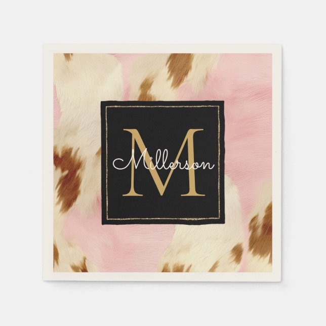 Cowgirl Pink Cream Brown Cowhide Gold Monogram  Napkins (Front)