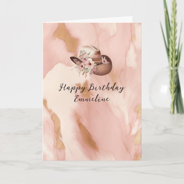 Cowgirl Pink Cream Brown Cowhide Hat & Boots Card (Front)