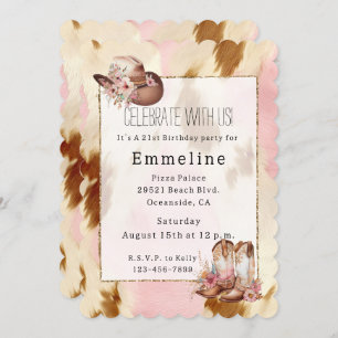 Cowgirl Pink Cream Brown Cowhide Hat Boots Invitation