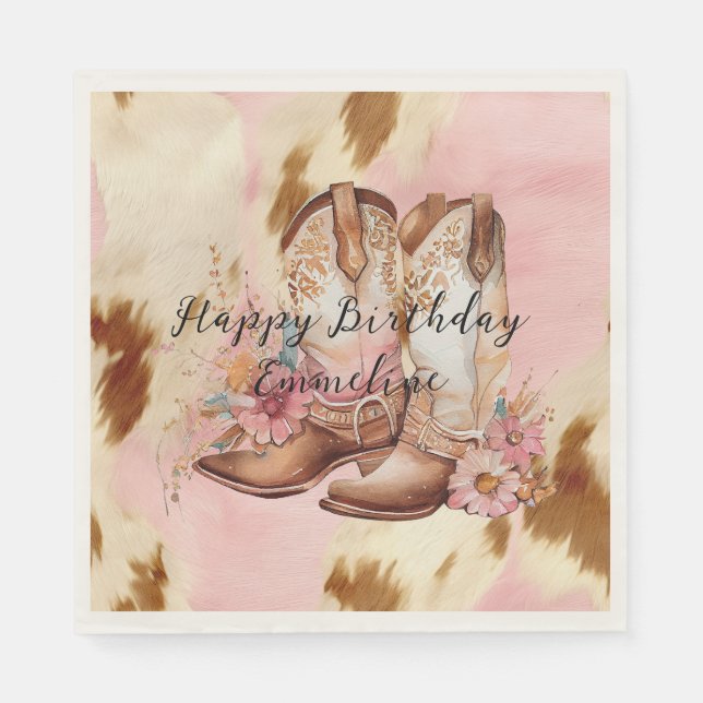 Cowgirl Pink Cream Brown Cowhide Hat & Boots Napkins (Front)