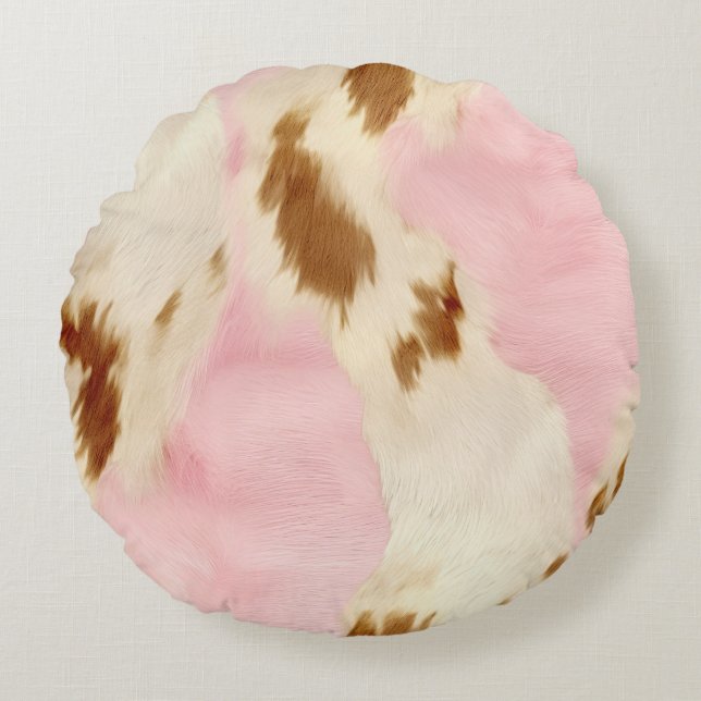 Cowgirl Pink Cream Brown Cowhide  Round Pillow (Front)